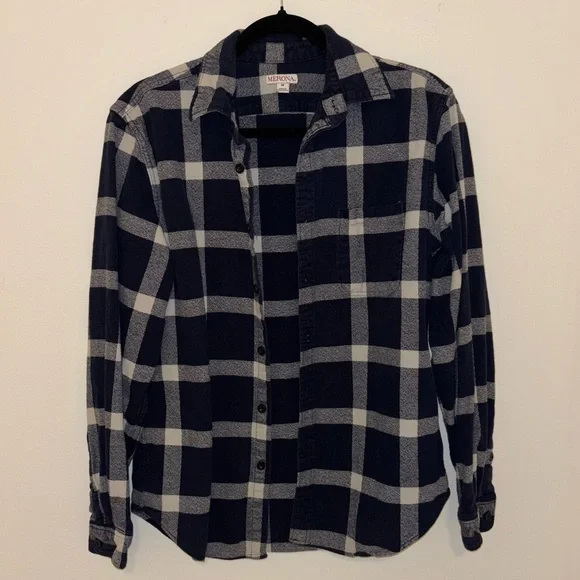 Dark Blue and White Long Sleeve Button-Up Flannel - Picture 1 of 11